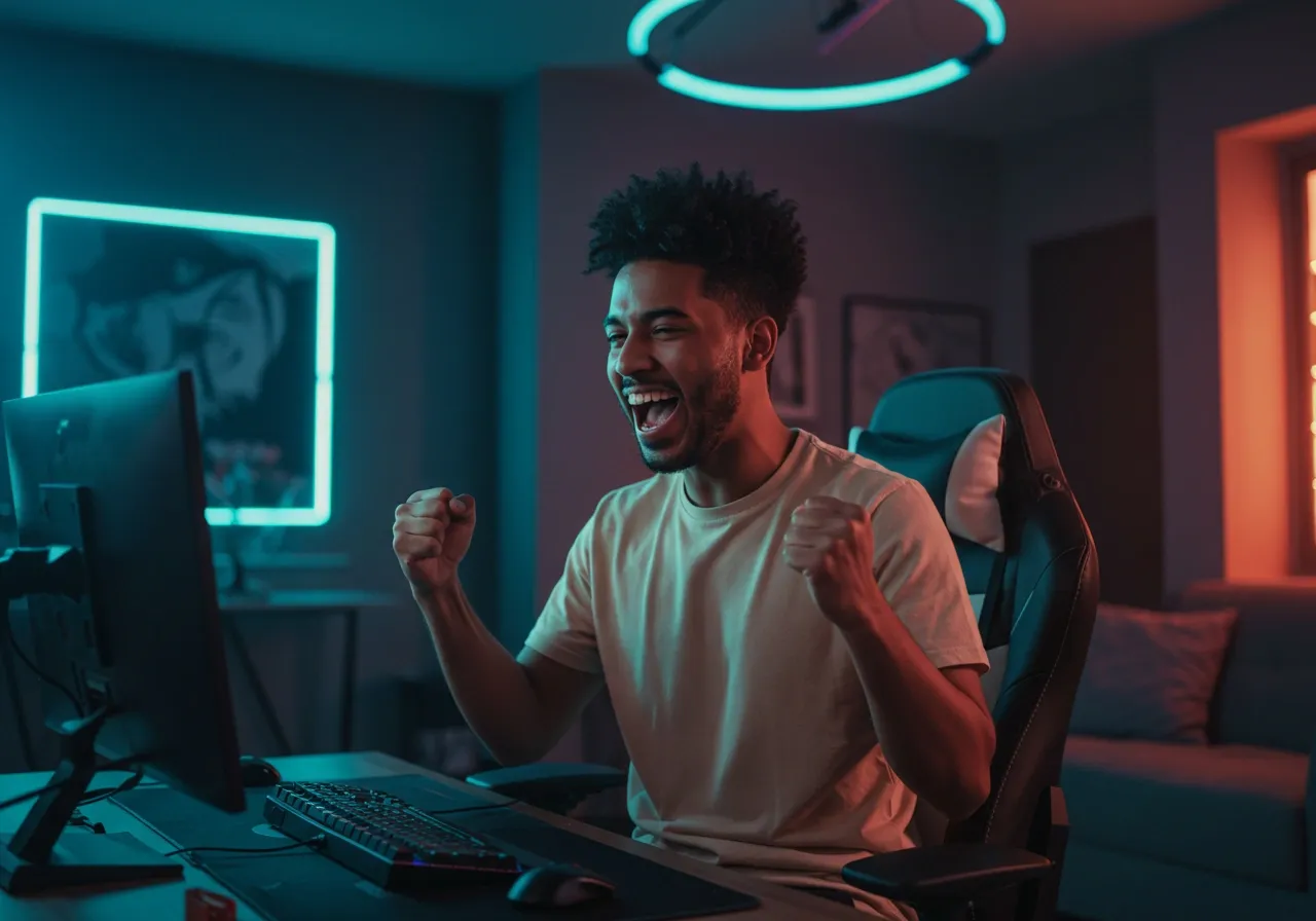 Man playing online games and celebrating his victory.